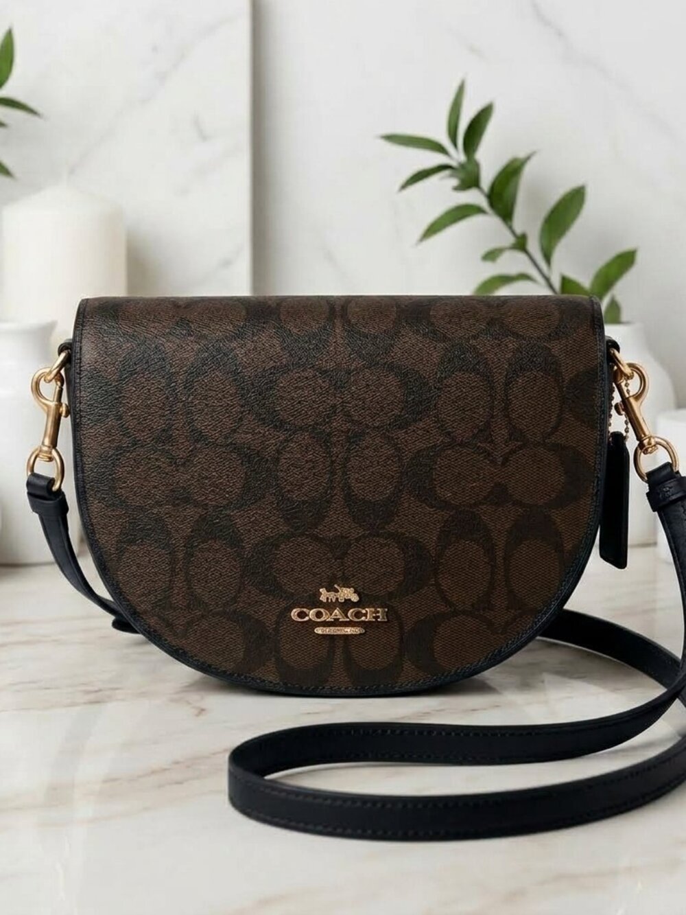 Coach C1430 Ellen Saddle Bag Signature Canvas Crossbody Handbag Dark Brown/Black